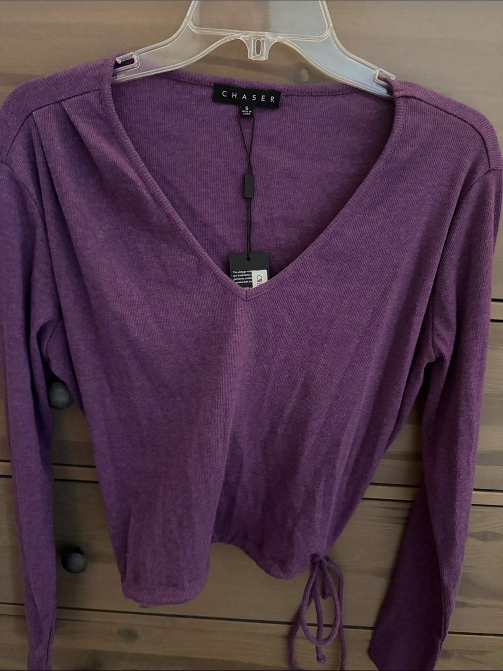 Chaser Plum V-Neck Long Sleeve Top with Hem Tie